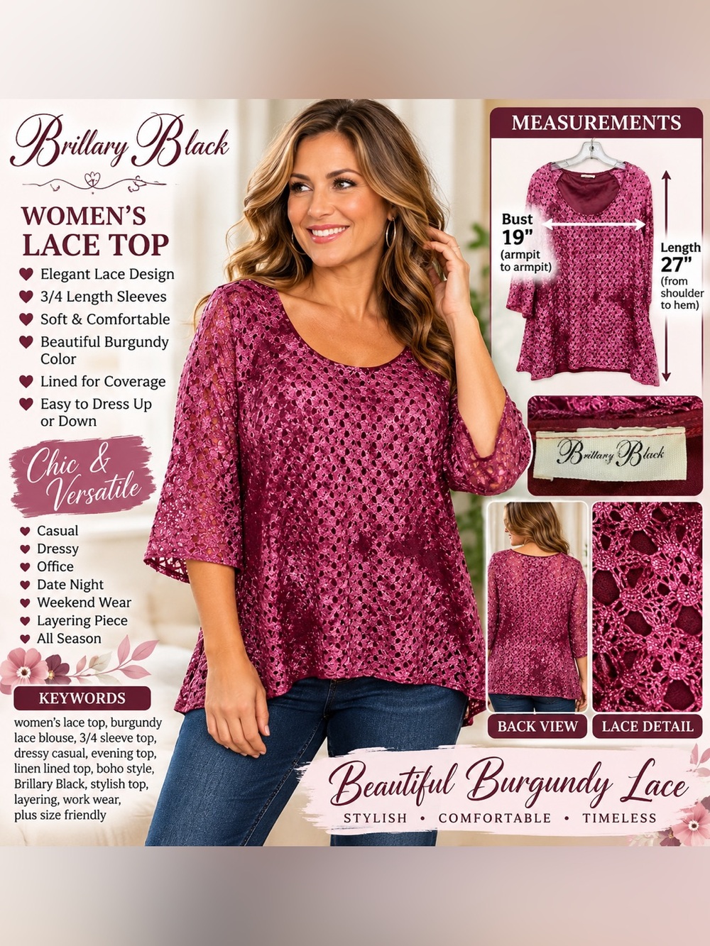Brittany Black Magenta Lace Overlay Scoop-Neck Tunic